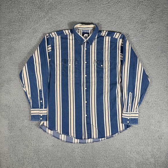 Wrangler Other - Vintage Wrangler Denim Pearl Snap Western Shirt Men's XL Blue Stripe Workwear